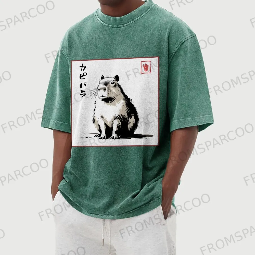 Cute Capybara Pattern Prints Washed Vintage Short Sleeves T-Shirt