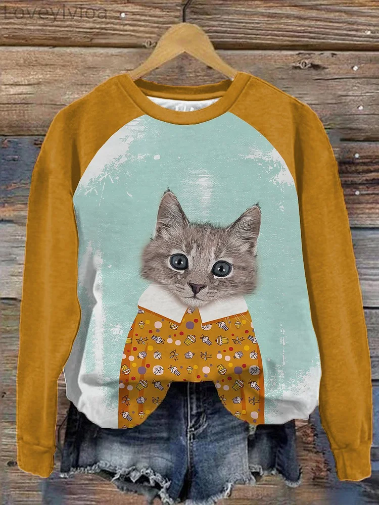 Women'S Cat Print Sweatshirt