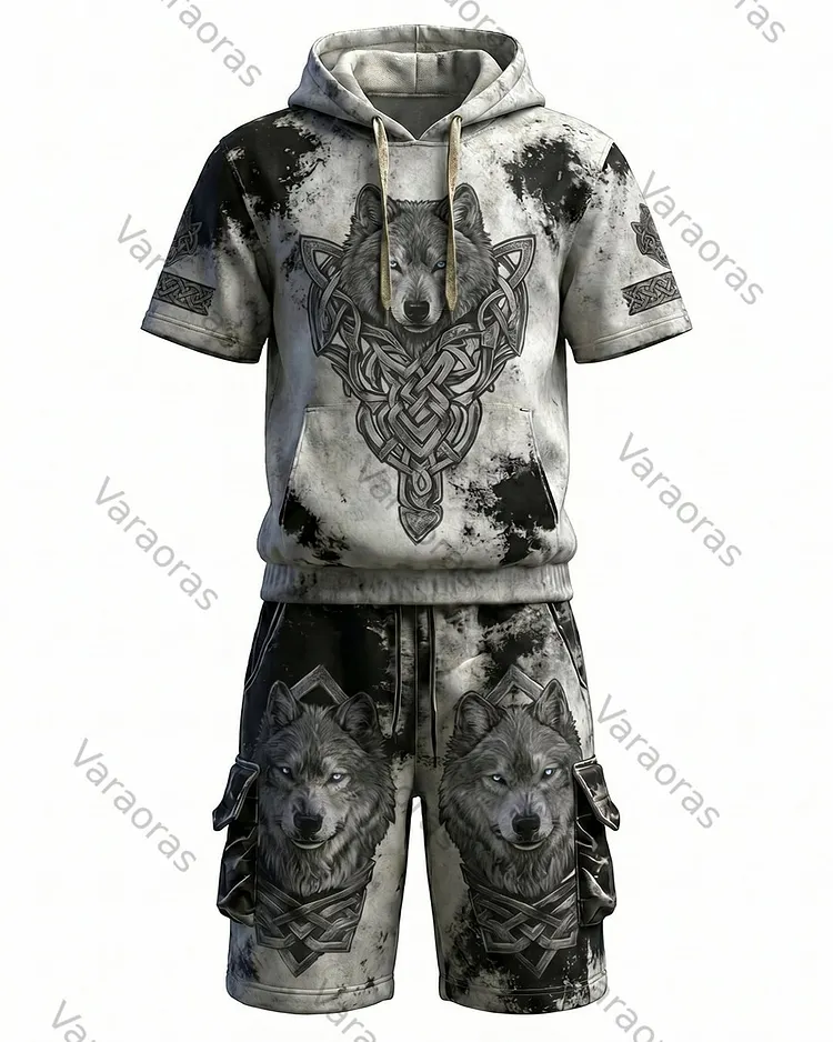 Men's Viking Contrast Color Wolf Embroidered Short-Sleeve Hoodie & Shorts Two-Piece Set 9539