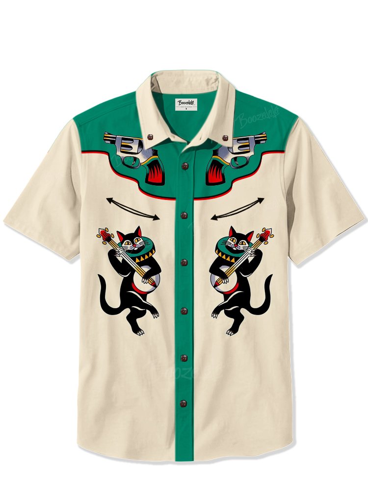 Gun And Music Black Cat Tattoo - 100% Cotton Shirt