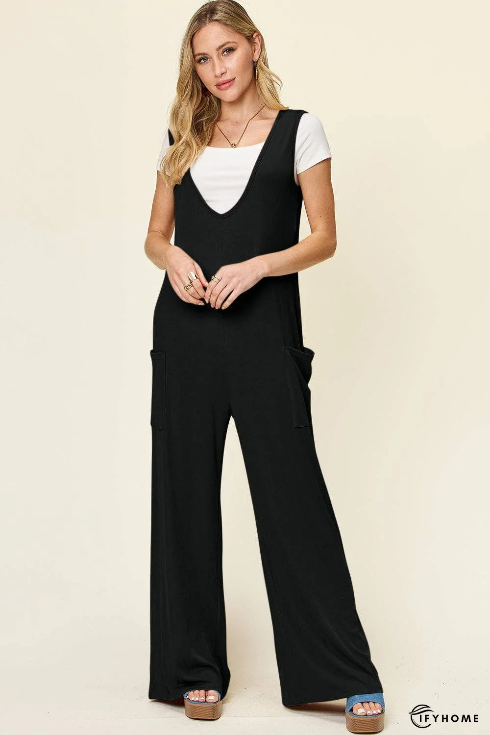Double Take Full Size Sleeveless Wide Leg Jumpsuit with Pockets | IFYHOME