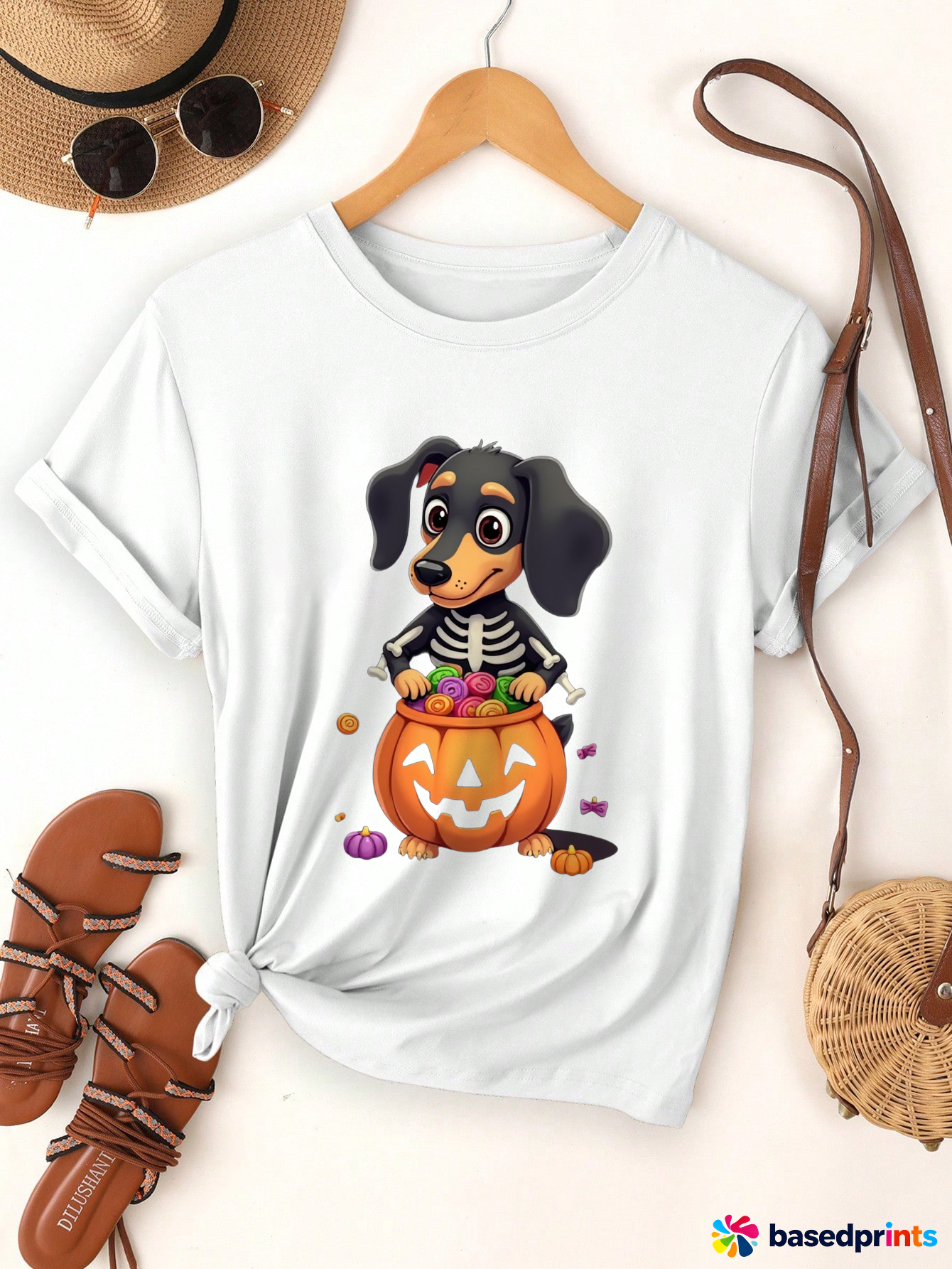 Halloween Dog Pumpkin Candy Bag T-Shirt Women Casual Short Sleeve Tops