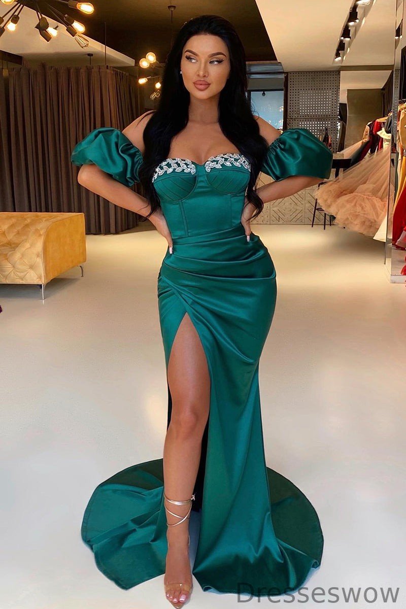 Dresseswow Dark Green Sweetheart Prom Dress Mermaid Slit Long With Detachable Sleeves