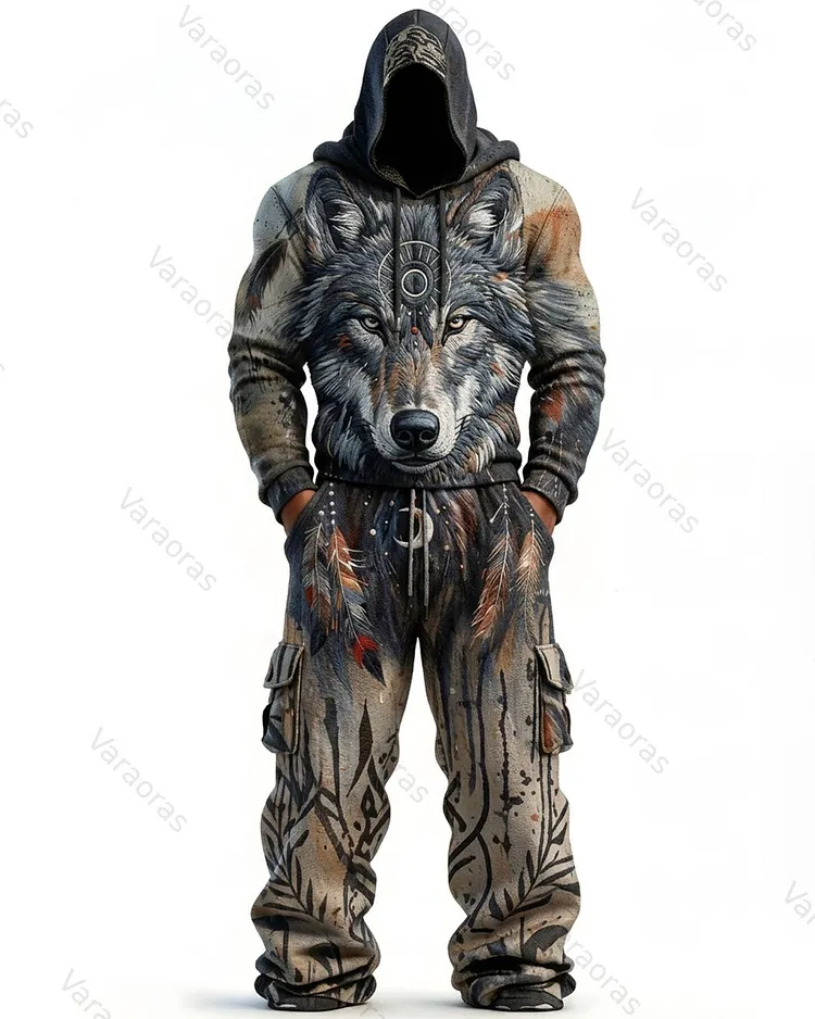 Men's Fashion Viking Contrast Color Embroidered Hoodie & Pants Two-Piece Set 6497