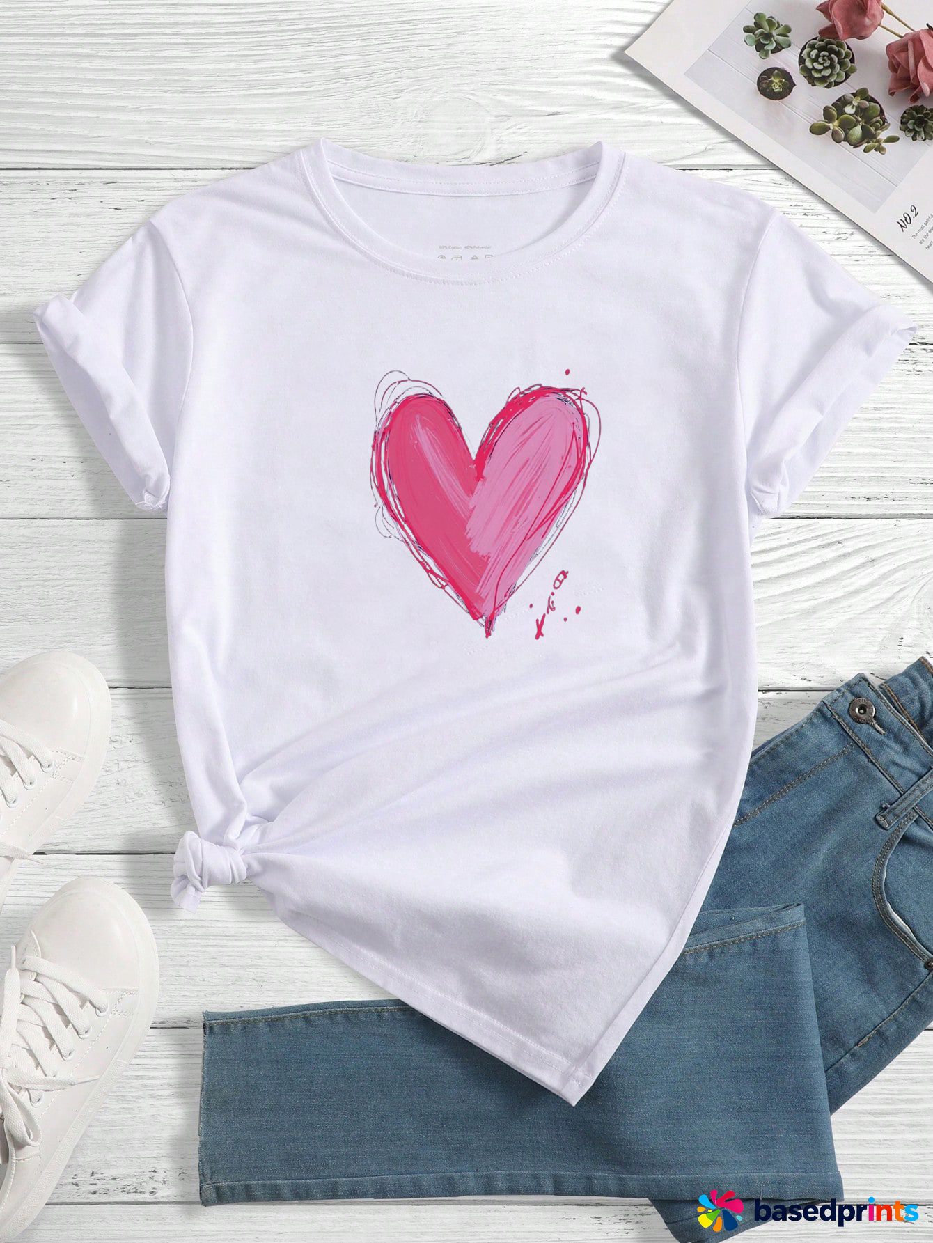 White Short Sleeve Heart Print T-Shirt Women Casual Tops