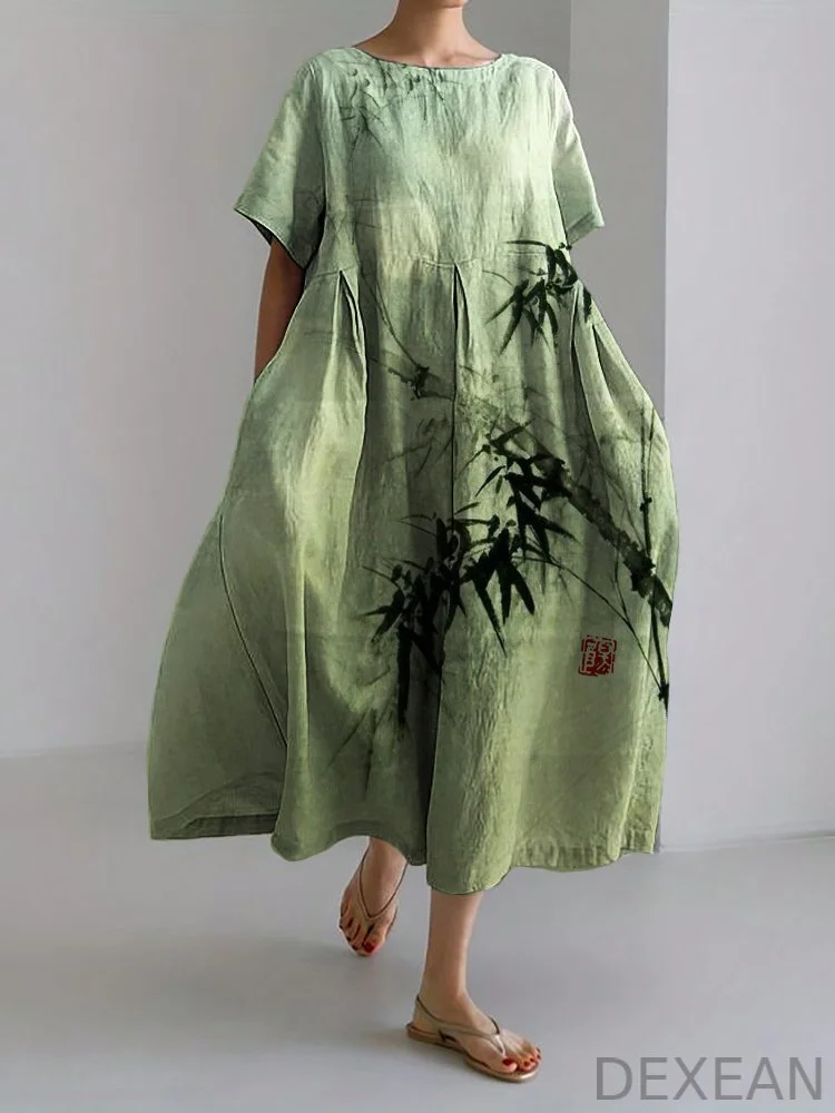 Bamboo Forest Full Moon Japanese Art Linen Blend Maxi Dress