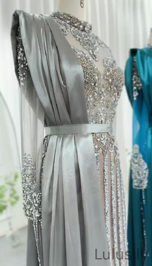 Luluslly Long Sleeves Crystal Evening Dress Mermaid Long
