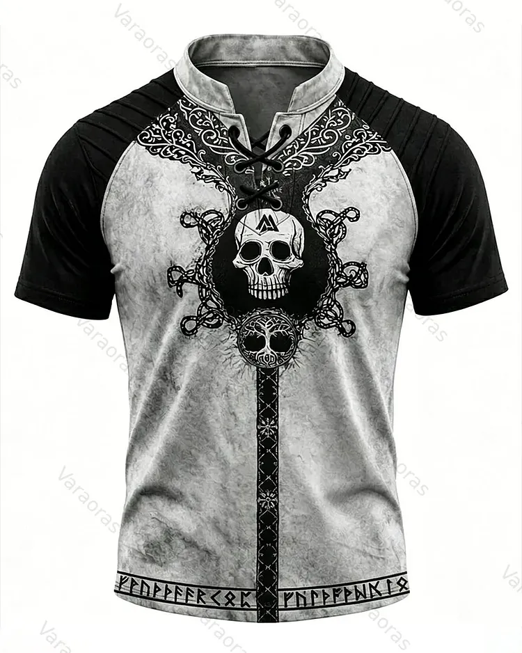 Men's Viking Skull Print Short-Sleeve Henley T-Shirt 9484