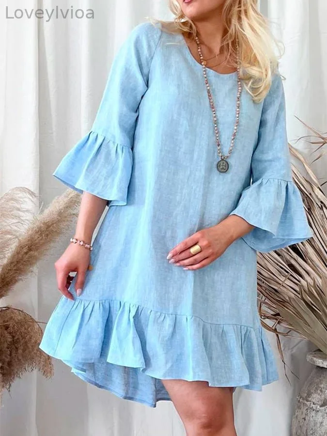 Women's Cotton And Linen Ruffled Round Neck Dress