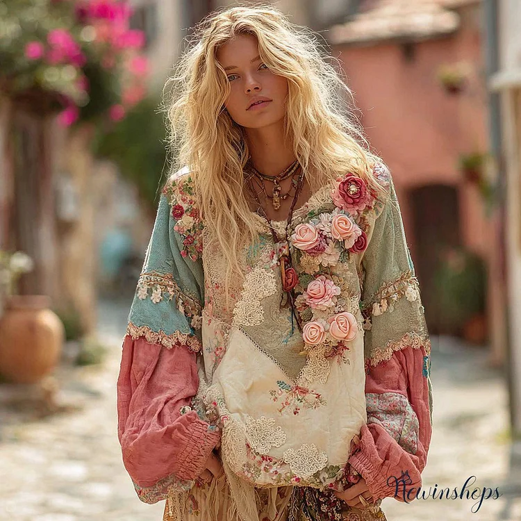 Women's Vintage Rose Floral Patchwork Crew Neck Casual Sweatshirt