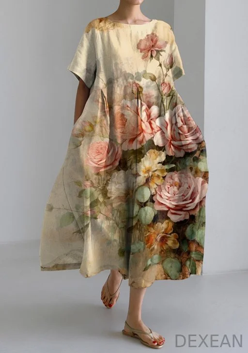 Retro Chic Old Floral Print Short Sleeve Midi Dress