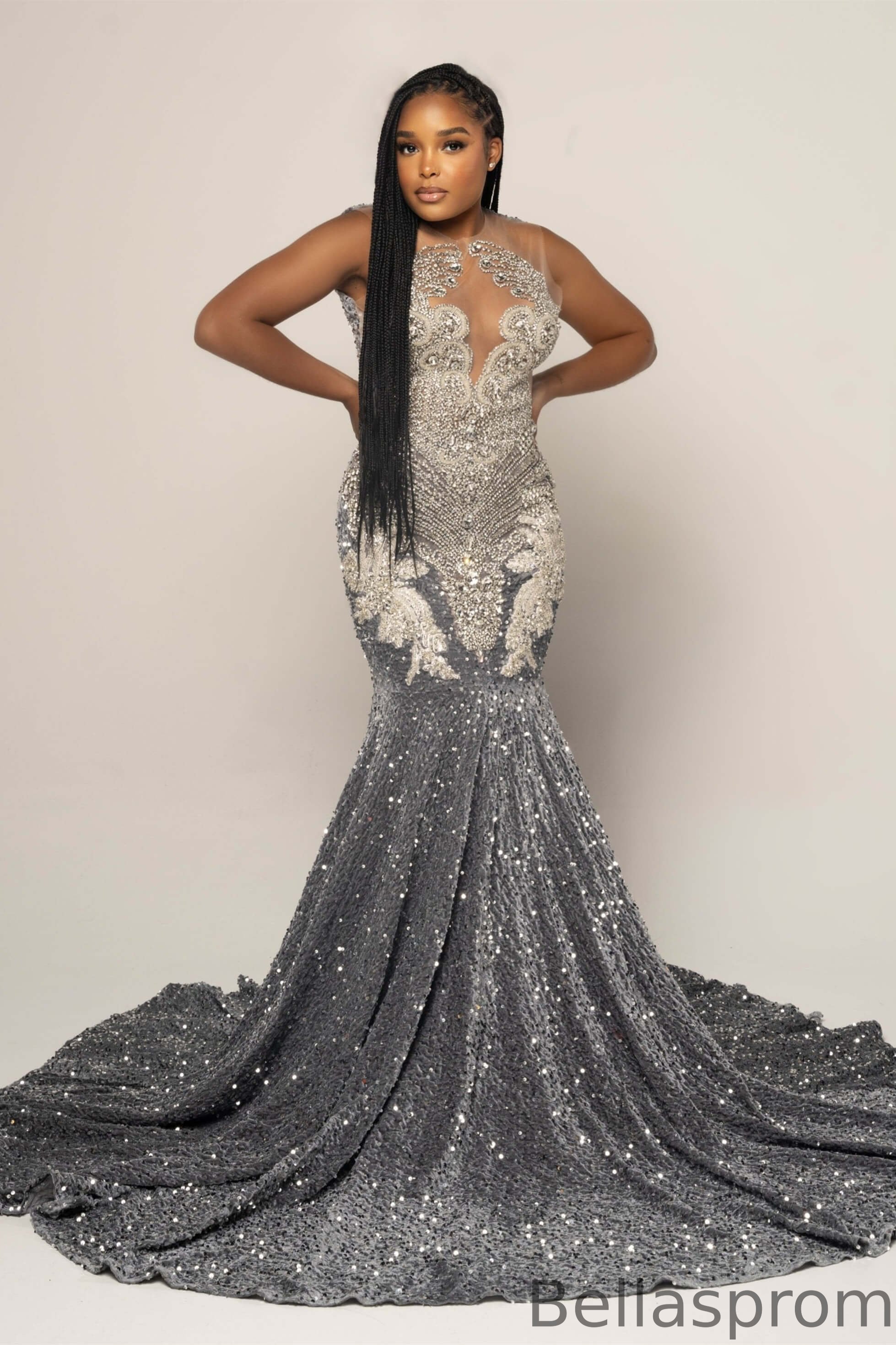 Bellasprom Silver Grey Mermaid Sequins Prom Dress Scoop Sleeveless On Sale Bellasprom