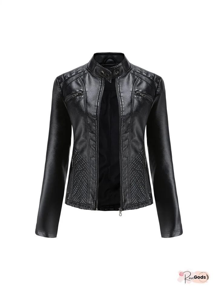 Ladies Temperament Commuter Casual Long-sleeved Leather Jacket Stand-up Collar Jacket Slim Coat Women Solid Color Women Leather Jacket