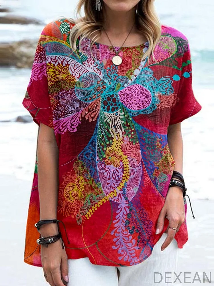 Women's Retro Elegant Colorful Flowing Line Art Cotton And Linen Tops