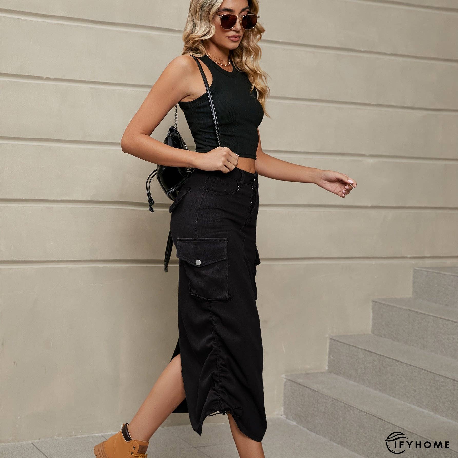 Drawstring Ruched Slit Denim Midi Skirt | IFYHOME