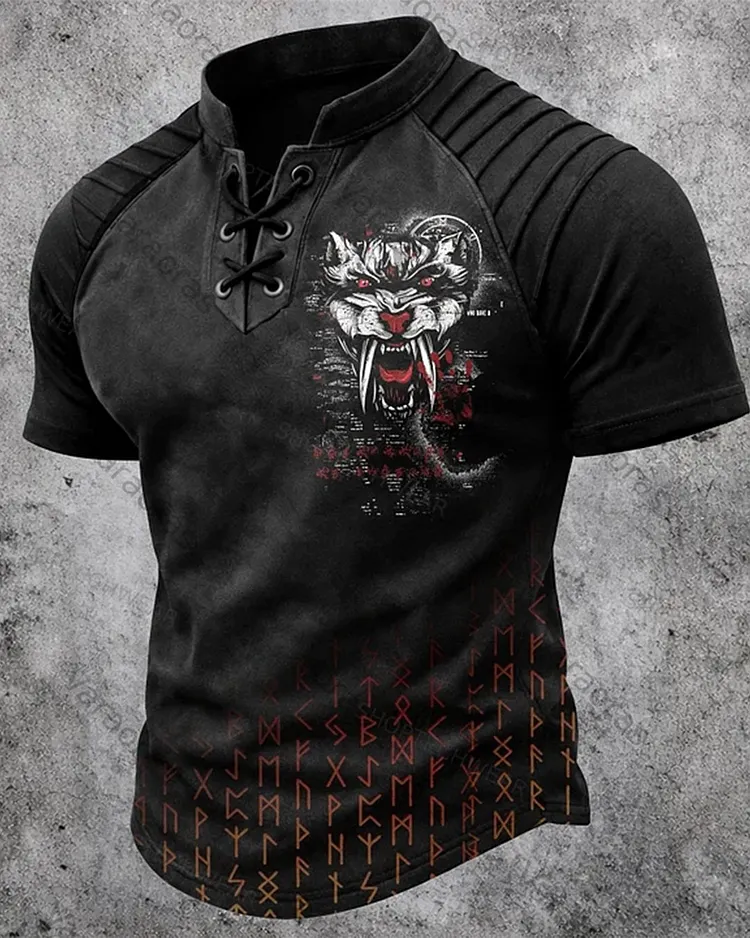 Men's Viking Gothic Short-Sleeve Henley T-Shirt with Wolf and Rune Print 4879