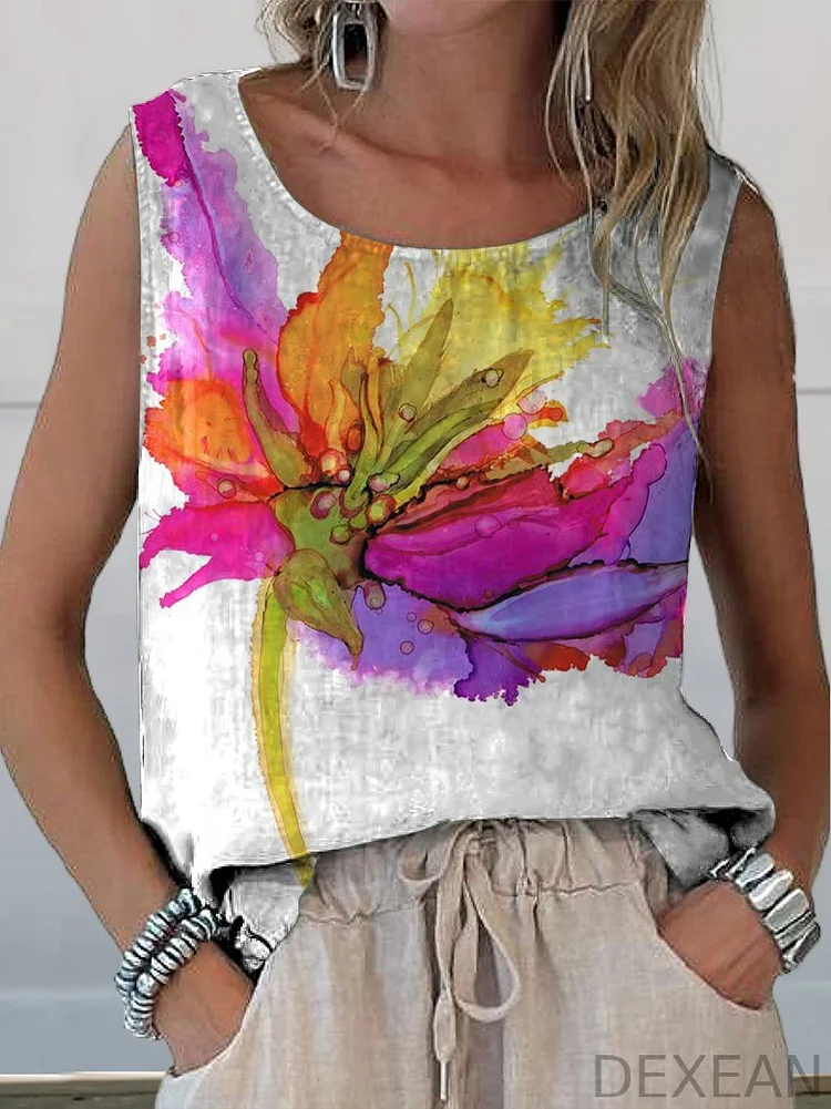 Women's Summer Bloom Print Casual Cotton And Linen Tank Top