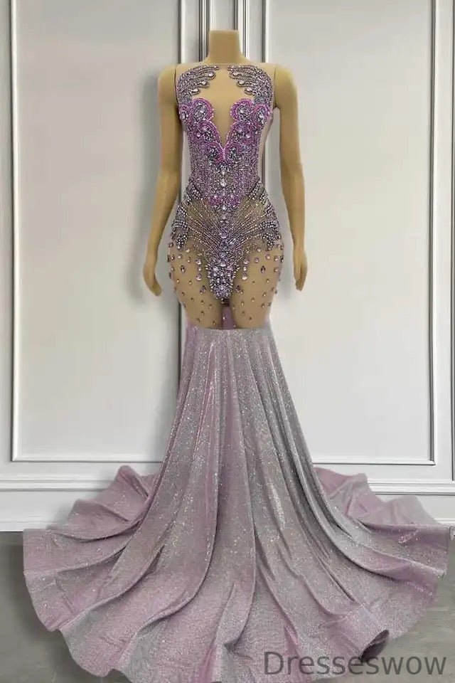 Dresseswow Purple Sleeveless Mermaid Evening Dress Long With Beadings