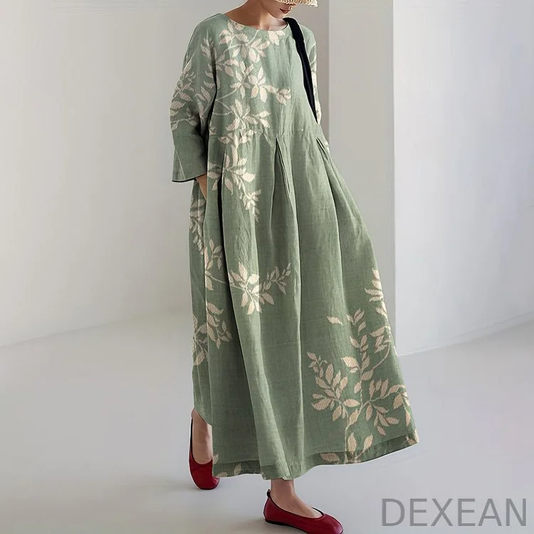 Japanese Art Flower Print Long Sleeve Casual Midi Dress