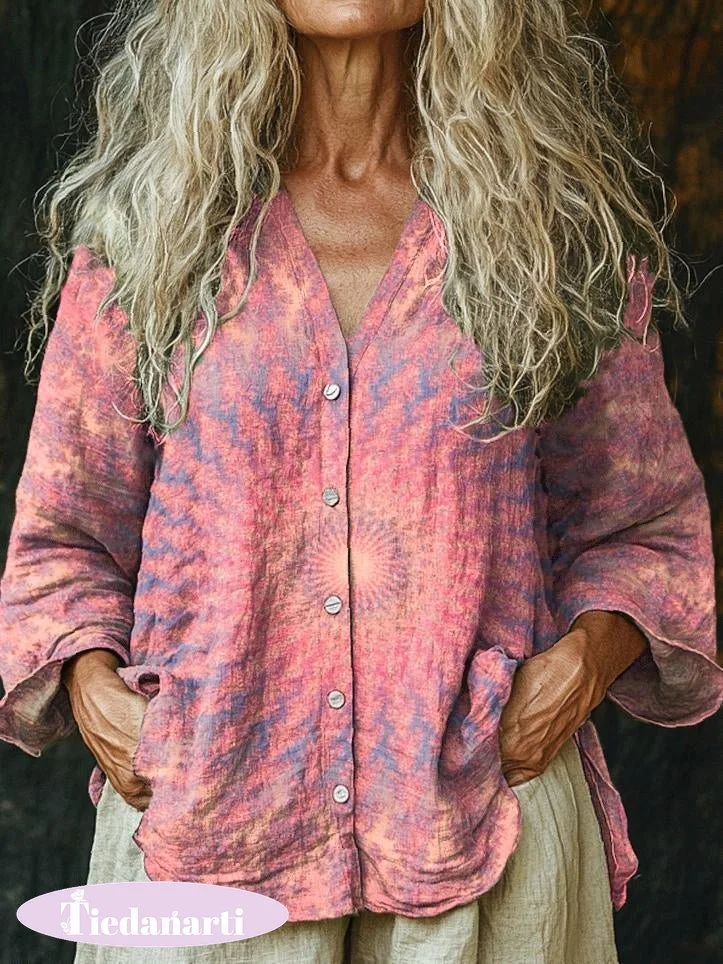 Women's Retro Kaleidoscope Tie Dye Print Linen And Cotton V-neck Casual Shirt