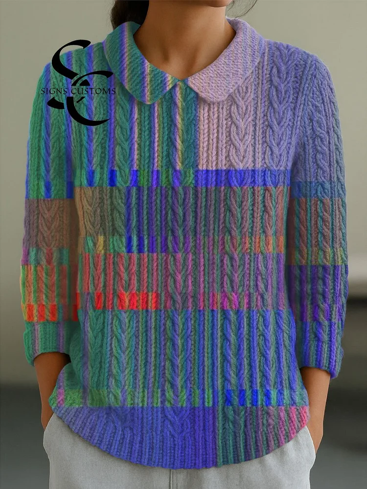 Women's Vintage Abstract Geometric Art Print Casual Peter Pan Collar 3/4 Sleeve Sweater