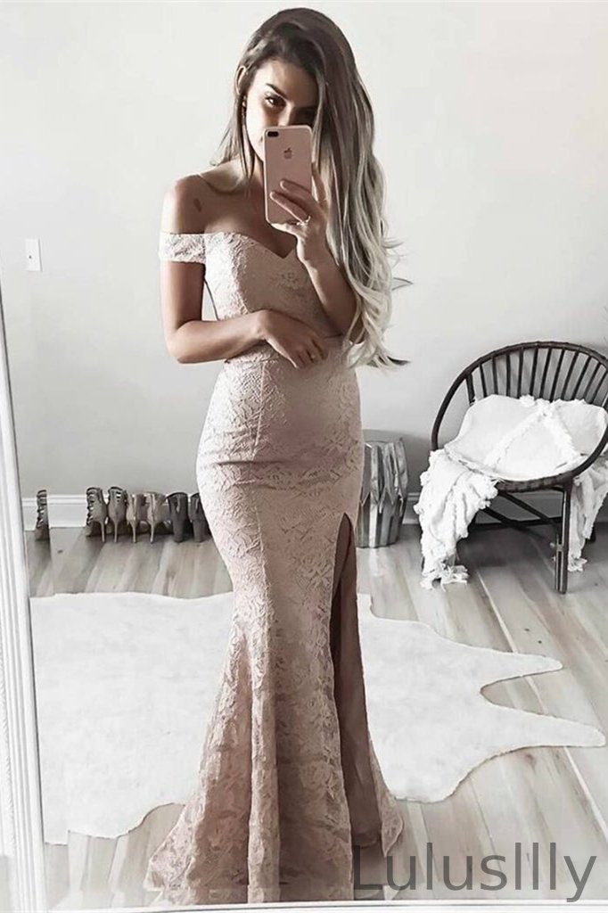 Modern Off-the-Shoulder Lace Mermaid Prom Dress With Split - lulusllly