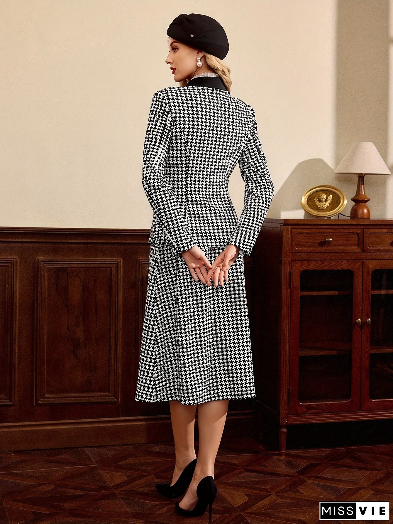 2pc Houndstooth Blazer Skirt Set Work Gala Transition Gifts for Her Vintage Tweed Suit Old