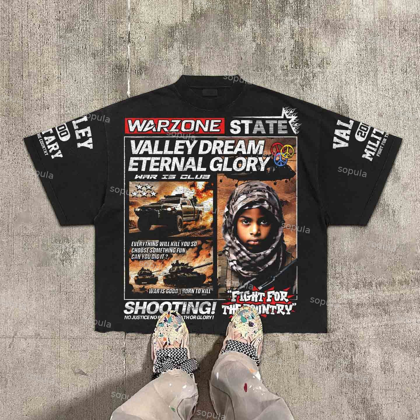 Sopula Vintage Warzone State Graphic 100% Cotton T-Shirt Cropped Tees