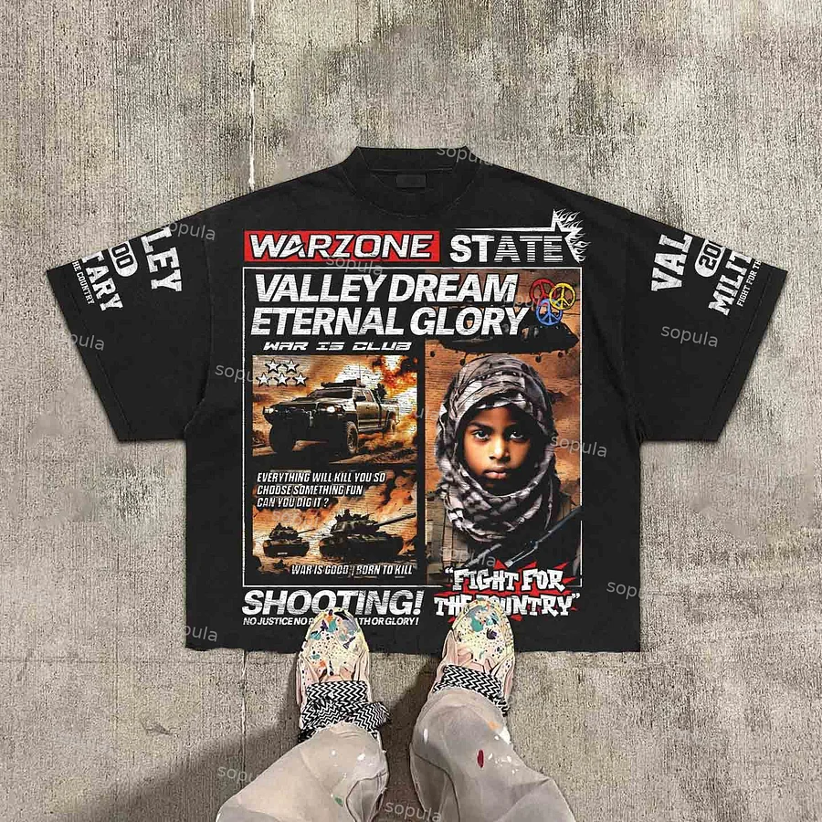 Sopula Vintage Warzone State Graphic 100% Cotton T-Shirt Cropped Tees