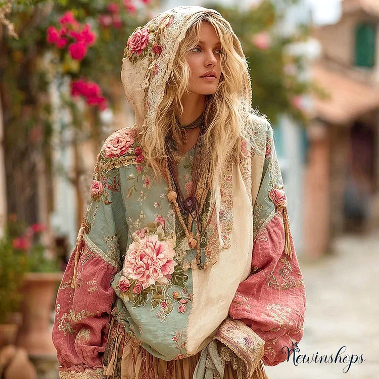 Women's Vintage Floral Patchwork Print Long Sleeve Hoodie