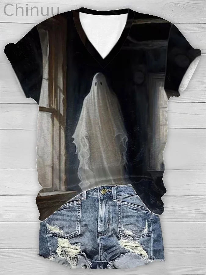 Halloween Women's Ghost Print Short Sleeve T-Shirt