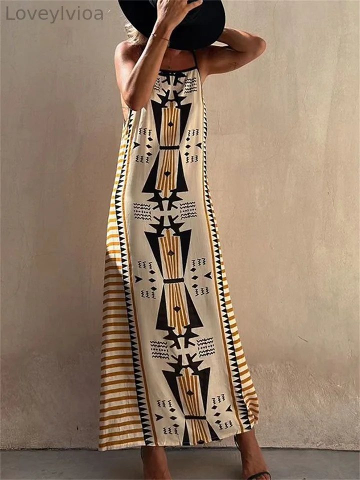Women's New Bohemian Geometric Pattern Printed Long Dress Sleeveless Tied Casual Square Neck Loose Waist Sling Dress