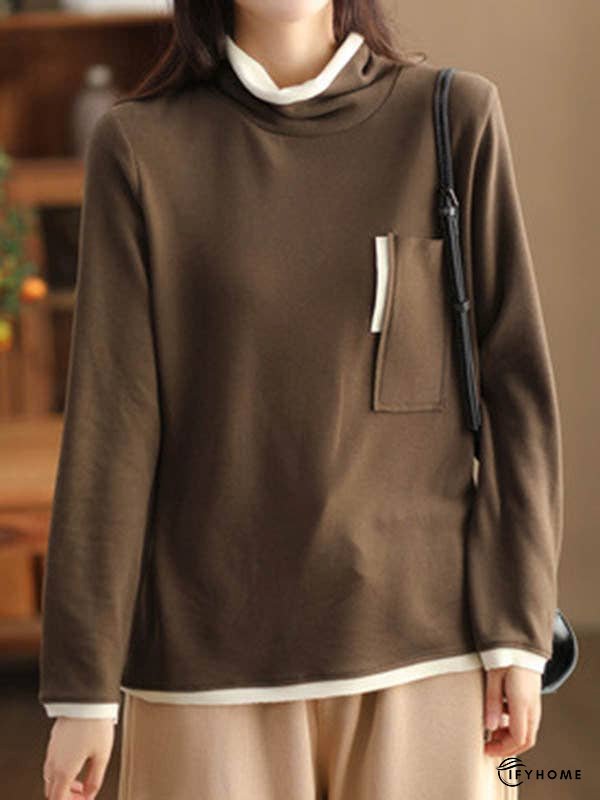 False Two Long Sleeves Contrast Color Pockets High Neck T-Shirts Tops | IFYHOME