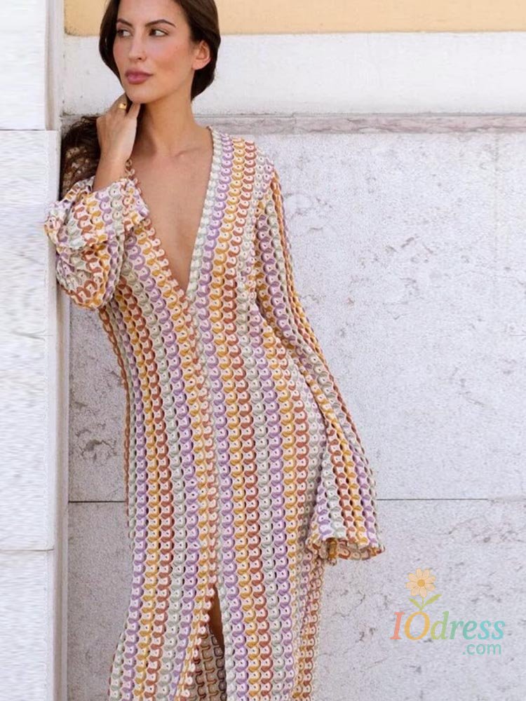 IO Dress 2024 Women Deep V Neck Casual Bohemian Maxi Dress Elegant Straight Flare Long Sleeve Vestidos  Sexy Beach Vacation Party Robe