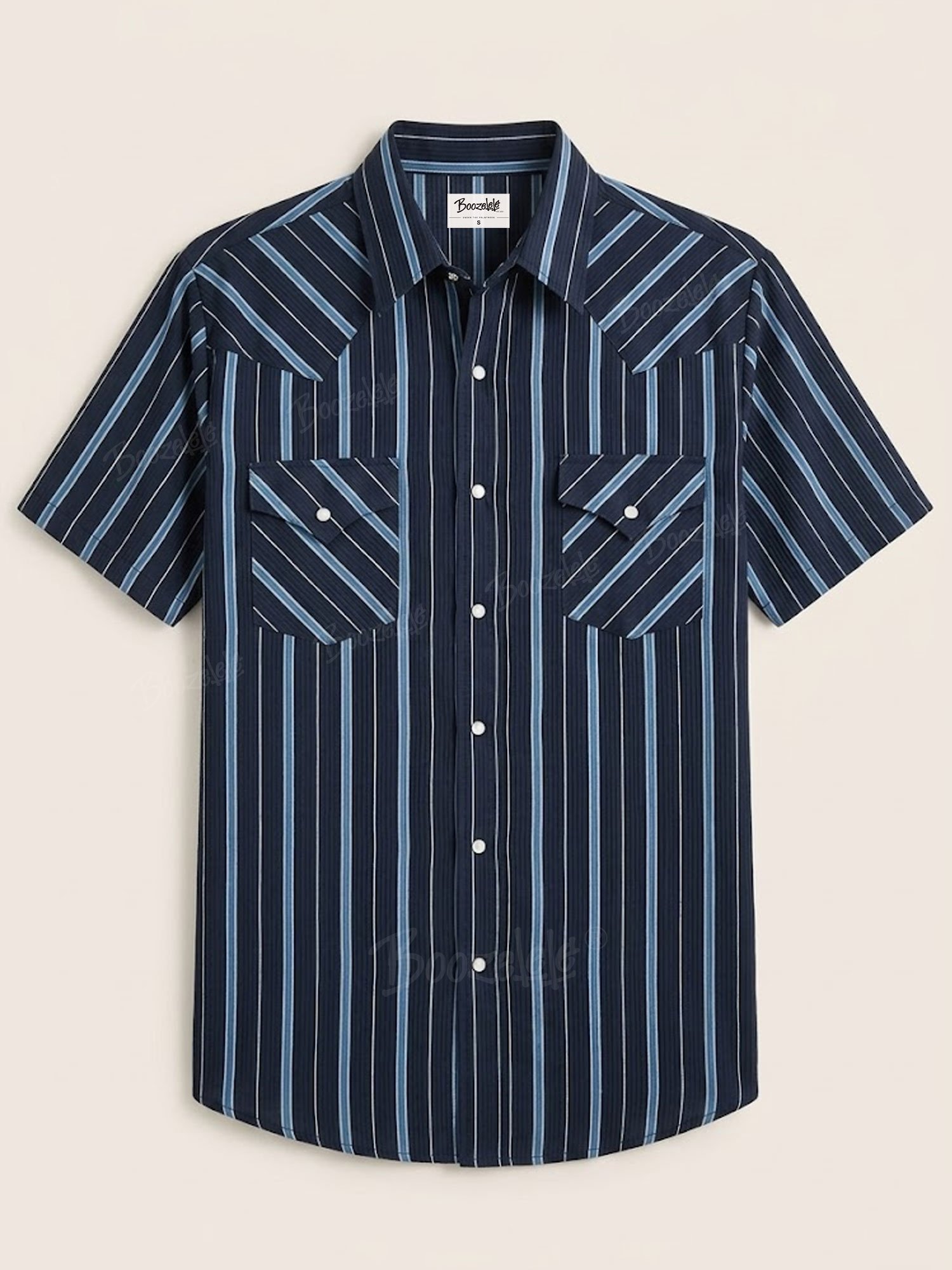 2026 SS Rugged Western &mdash; Midnight Blue Contrast Stripe Yoke Design Short Sleeve Shirt