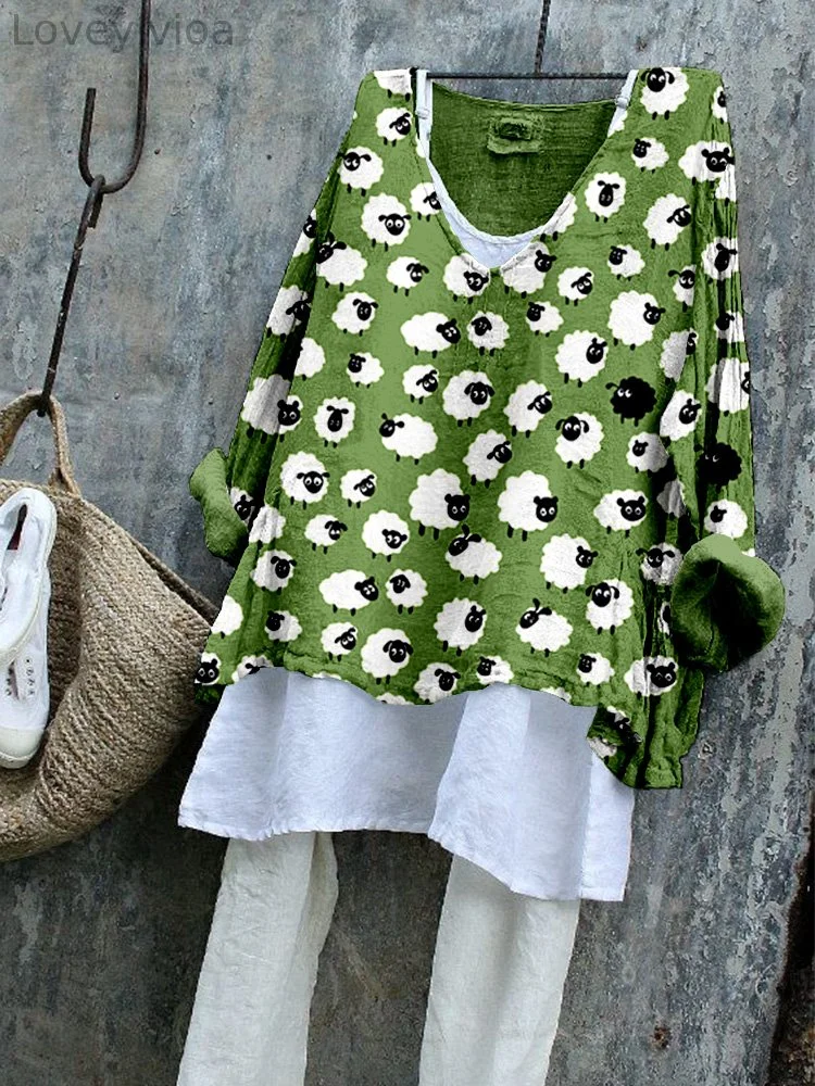 Cute Sheep Graphic Linen Blend Flowy Tunic