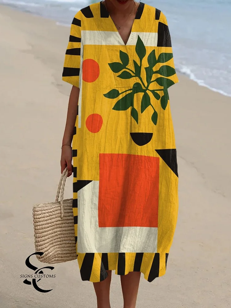 Vintage Abstract Artwork Print V-Neck Midi Dress