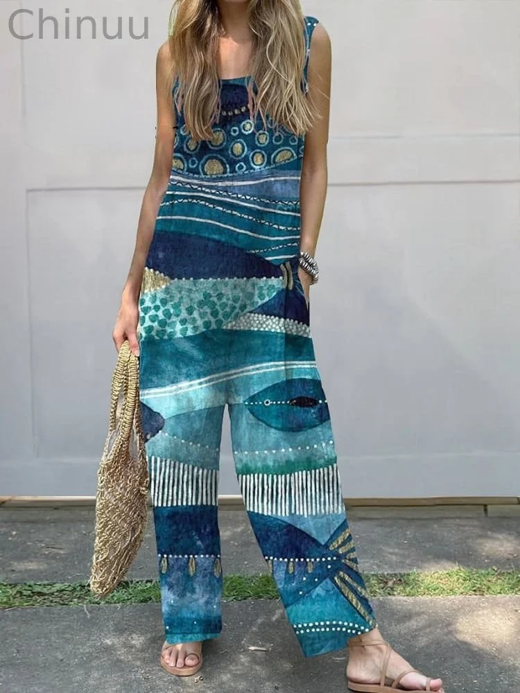 Watercolor Sea Fish Pattern Printed Women's Casual 100% Cotton Wide Leg Jumpsuit