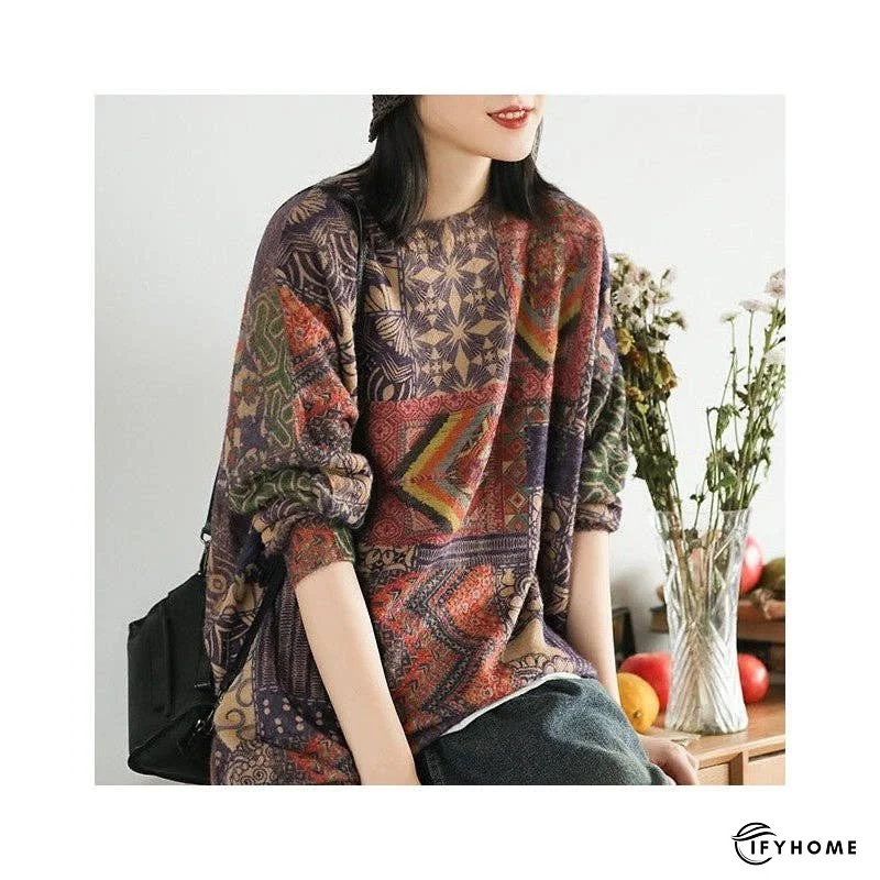 Women's Floral Print Round Neck Sweater With Medium Length | IFYHOME