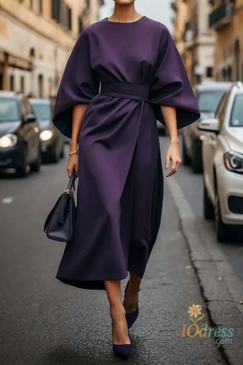 IO Dress Spring Fashion Solid Color Long Dresses 2025 Woman Sexy Round Neck Bat Sleeve High Waist Dress Elegant Commuting Lady Dress IO Dress