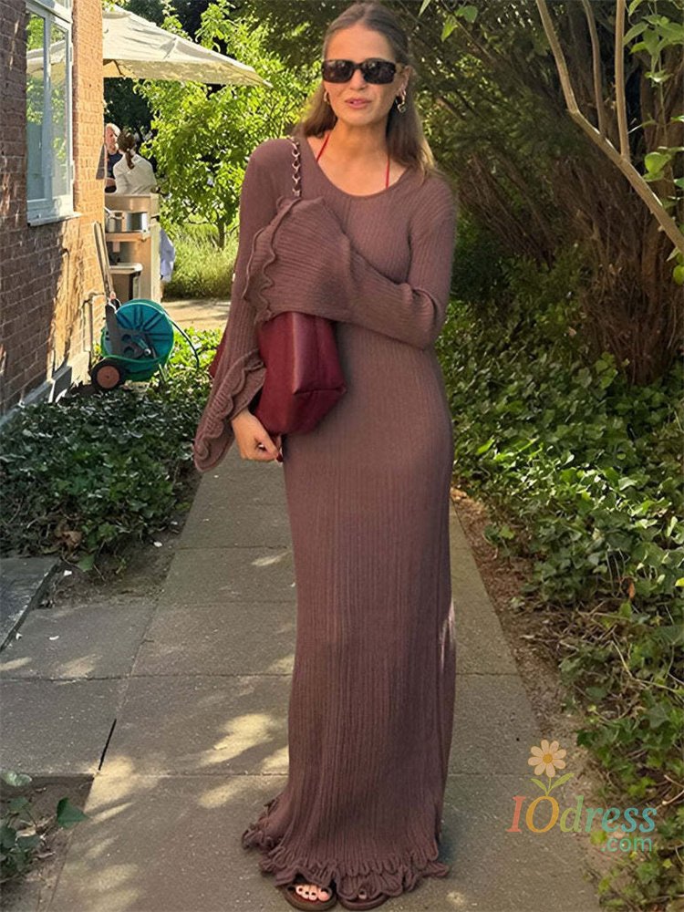 IO Dress Tossy Knitwear Lace-Up Ruffled Long Dress For Women Patchwork Ribbed Loose Fashion Bandage Elegant Dress Female Knit Maxi Dress