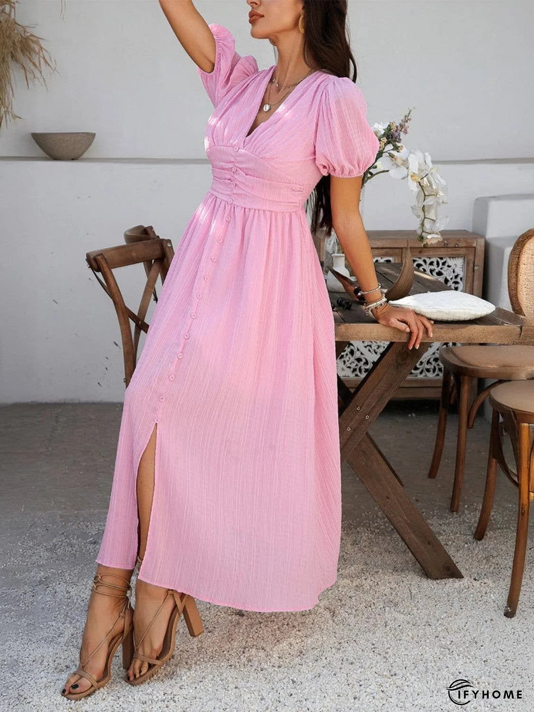 Devine V-Neck Puff Short Sleeve Midi Dress | IFYHOME