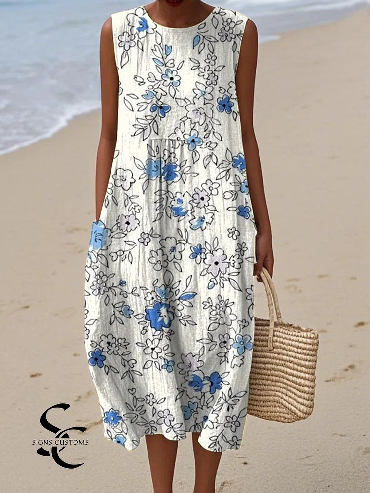 Women's Vintage Floral Art Print Sleeveless Cotton Pocket Wrap Dress