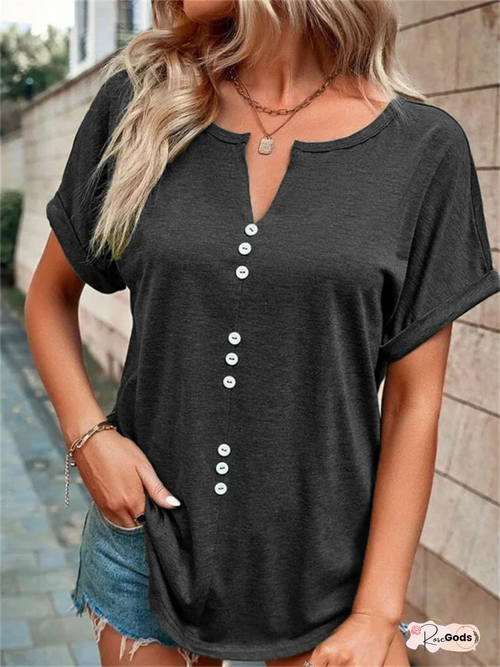 Spring and Summer Women's V-neck Button Short-sleeved Tops T-shirt Gray Black Red Purple Blue Green
