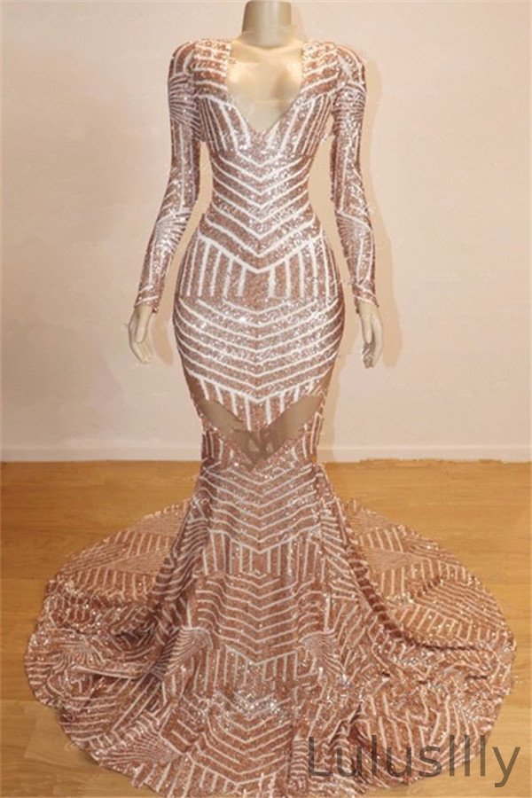 Charming Long Sleevess V-Neck Shinning Sequined Prom Dress Mermaid Long - lulusllly
