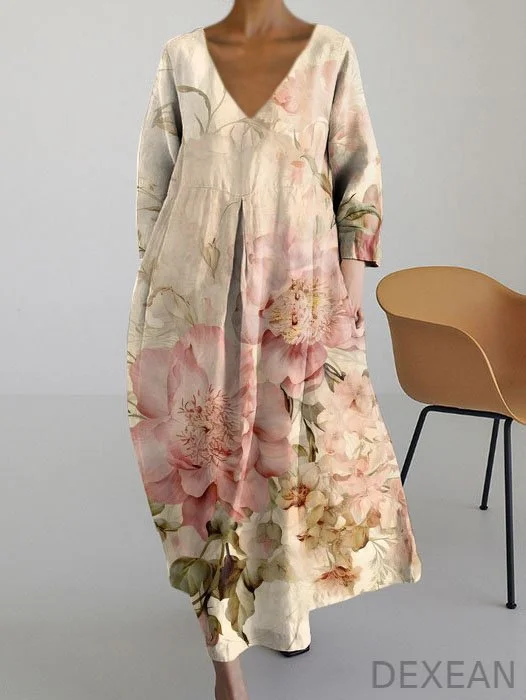 Retro Chic Floral V-Neck Long Sleeve Midi Dress