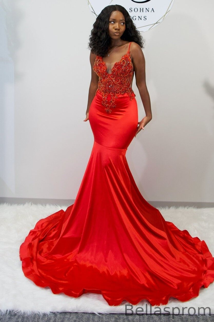Bellasprom Red Spaghetti-Straps Sleeveless Mermaid Prom Dress With Beadings Online Bellasprom