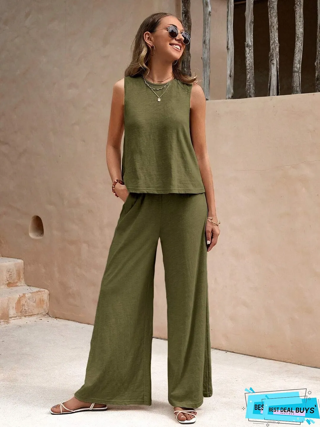 Women's Sleeveless Textured Vest Wide-leg Button- Pants Set