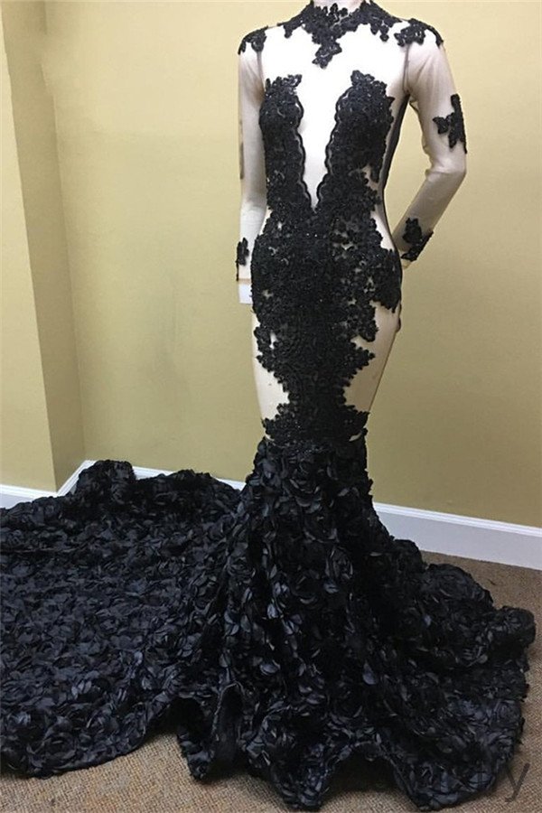Luluslly Black Long Sleeves Prom Dress Mermaid Appliques WIth Flowers Bottom
