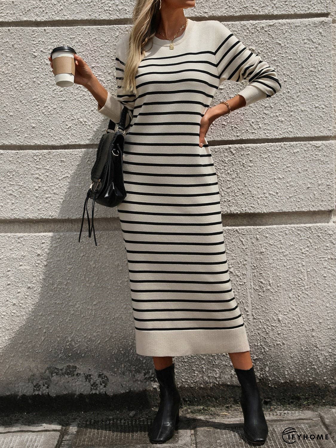 Striped Round Neck Long Sleeve Dress | IFYHOME